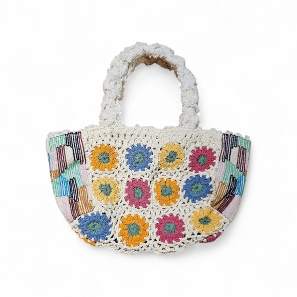 Zara Bohemian Bright Floral Embroidered Crochet Bag Faux Fur Fringe Handles - Picture 2 of 8